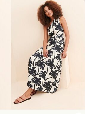FARM Rio Black and White Palm One-Shoulder Maxi Dress